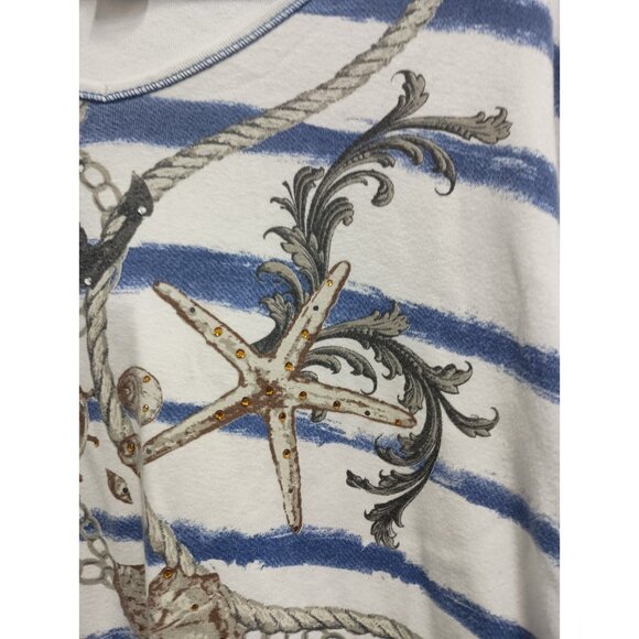 Jess And Jane Womens Top XL Blue White Striped Anchor Embellished Nautical - Picture 2 of 7